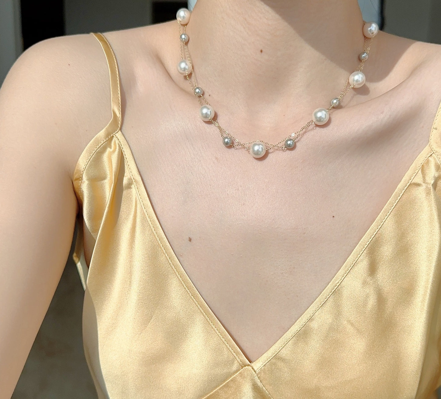 Fine Chain Elegant Style Multiple Pearl And Sliver Bead Necklace