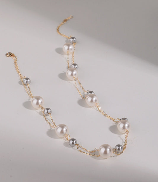 Fine Chain Elegant Style Multiple Pearl And Sliver Bead Necklace